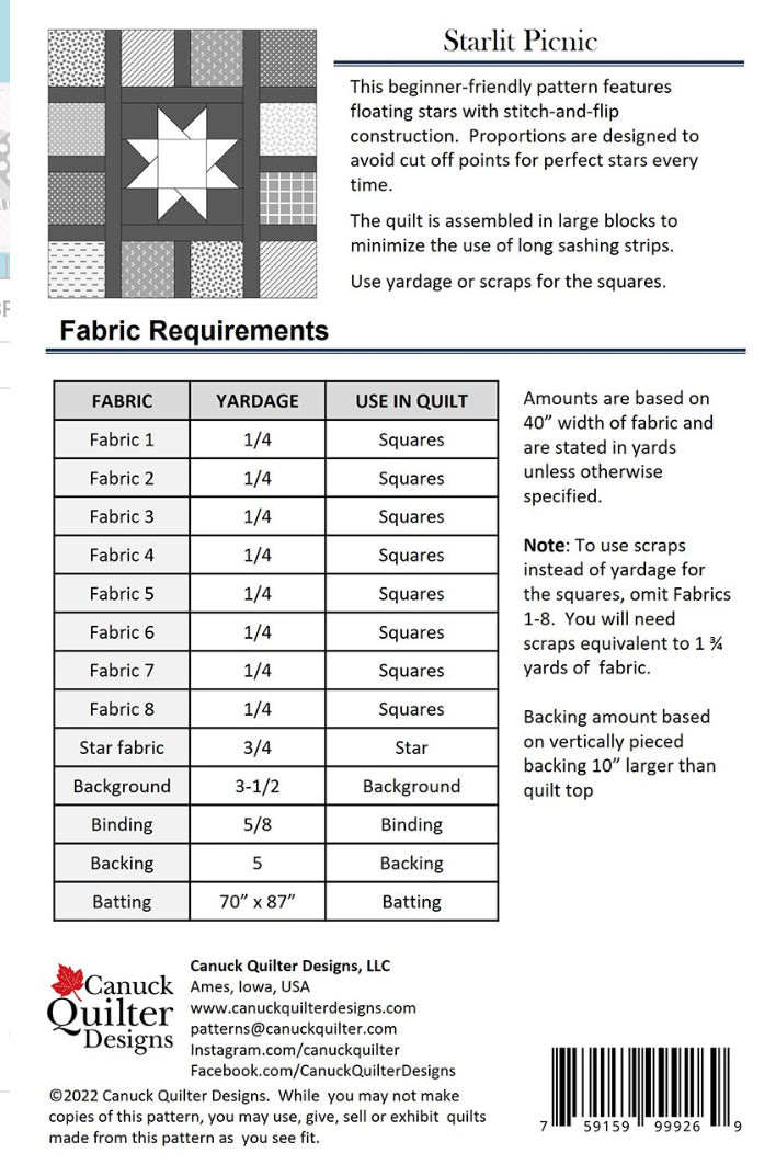 Starlit Picnic pattern by Canuck Quilters Designs